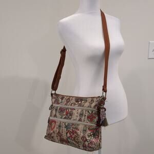 Sakroots Artist Circle Double Zip Coated Canvas Crossbody Owl Boho Festival